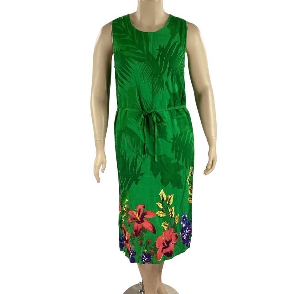 Serengeti Tahitian Dreams Green Floral Midi Dress Rayon Sleeveless PXL